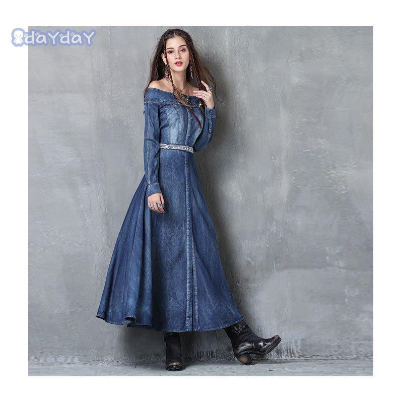 ワンピース レディース デニム マキシワンピース 長袖 ロング 大きいサイズ デニムワンピース ボリューム 付き フレア aライン 膝丈ワンピース リゾート