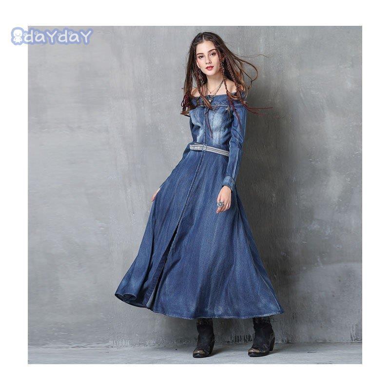 ワンピース レディース デニム マキシワンピース 長袖 ロング 大きいサイズ デニムワンピース ボリューム 付き フレア aライン 膝丈ワンピース リゾート