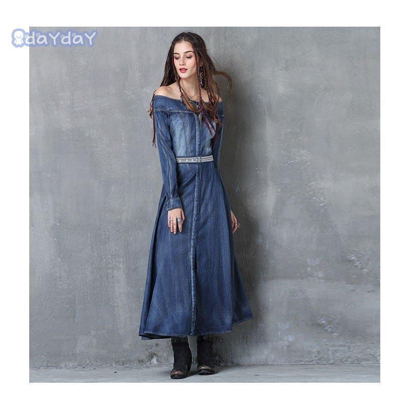 ワンピース レディース デニム マキシワンピース 長袖 ロング 大きいサイズ デニムワンピース ボリューム 付き フレア aライン 膝丈ワンピース リゾート