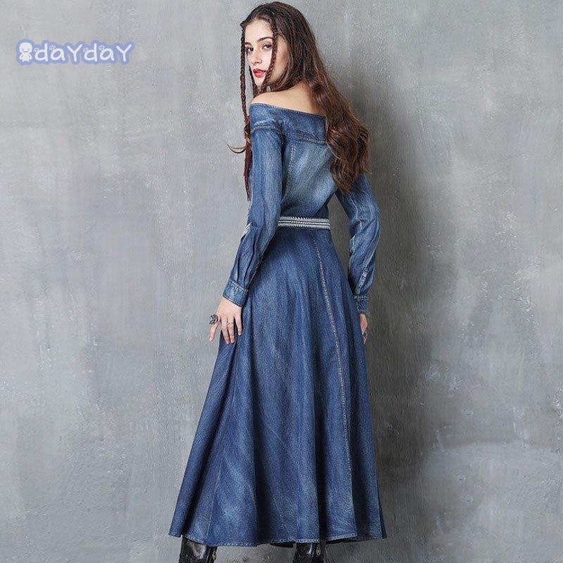 ワンピース レディース デニム マキシワンピース 長袖 ロング 大きいサイズ デニムワンピース ボリューム 付き フレア aライン 膝丈ワンピース リゾート