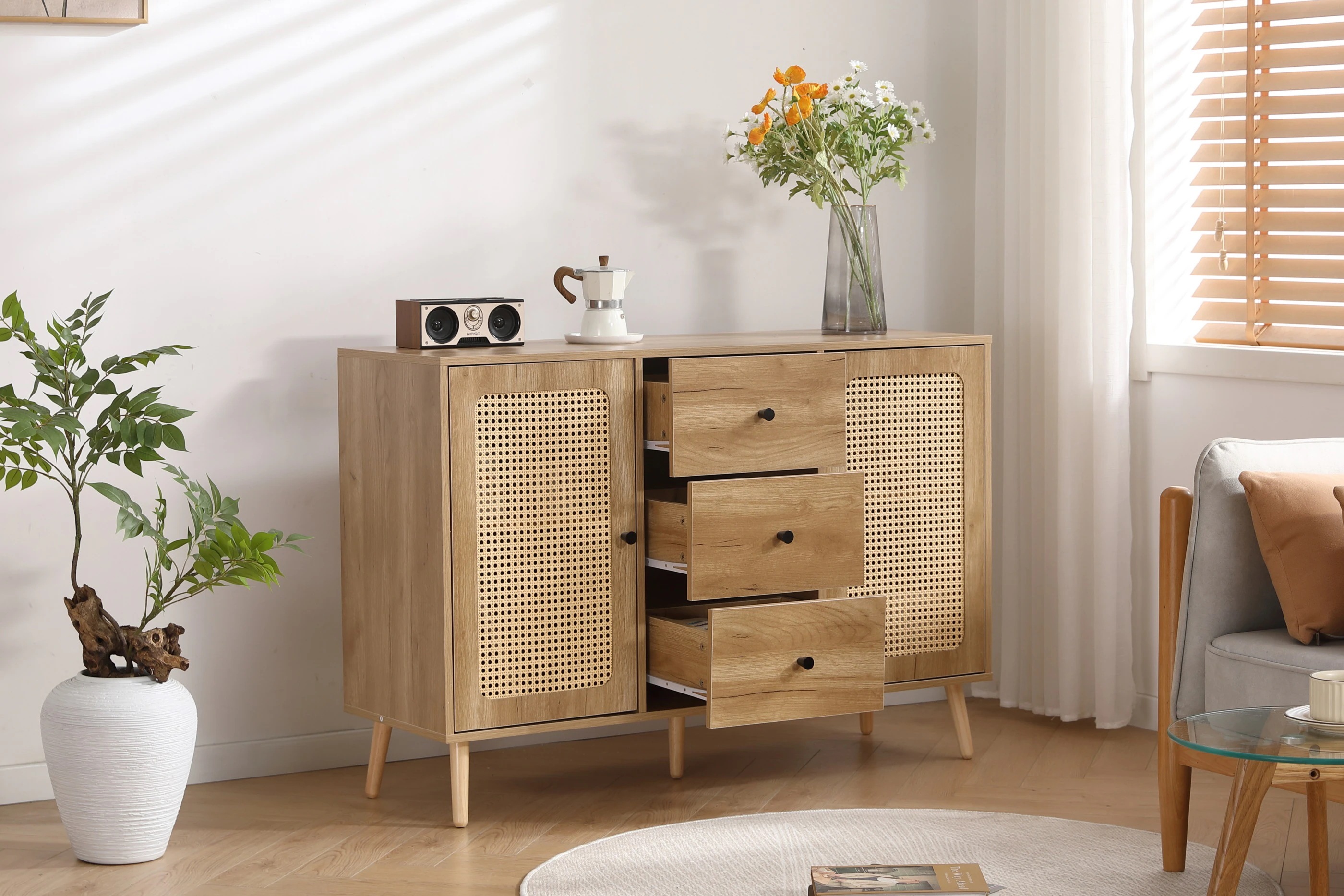 222キャビネット サイドボード チェストラタン調 ラタン風 引き出し付き 大容量 収納棚 リビング 収納 ローボード 収納チェスト2段 サイドボード 扉付き リビングボード 洋服 タンス 収納 箪笥