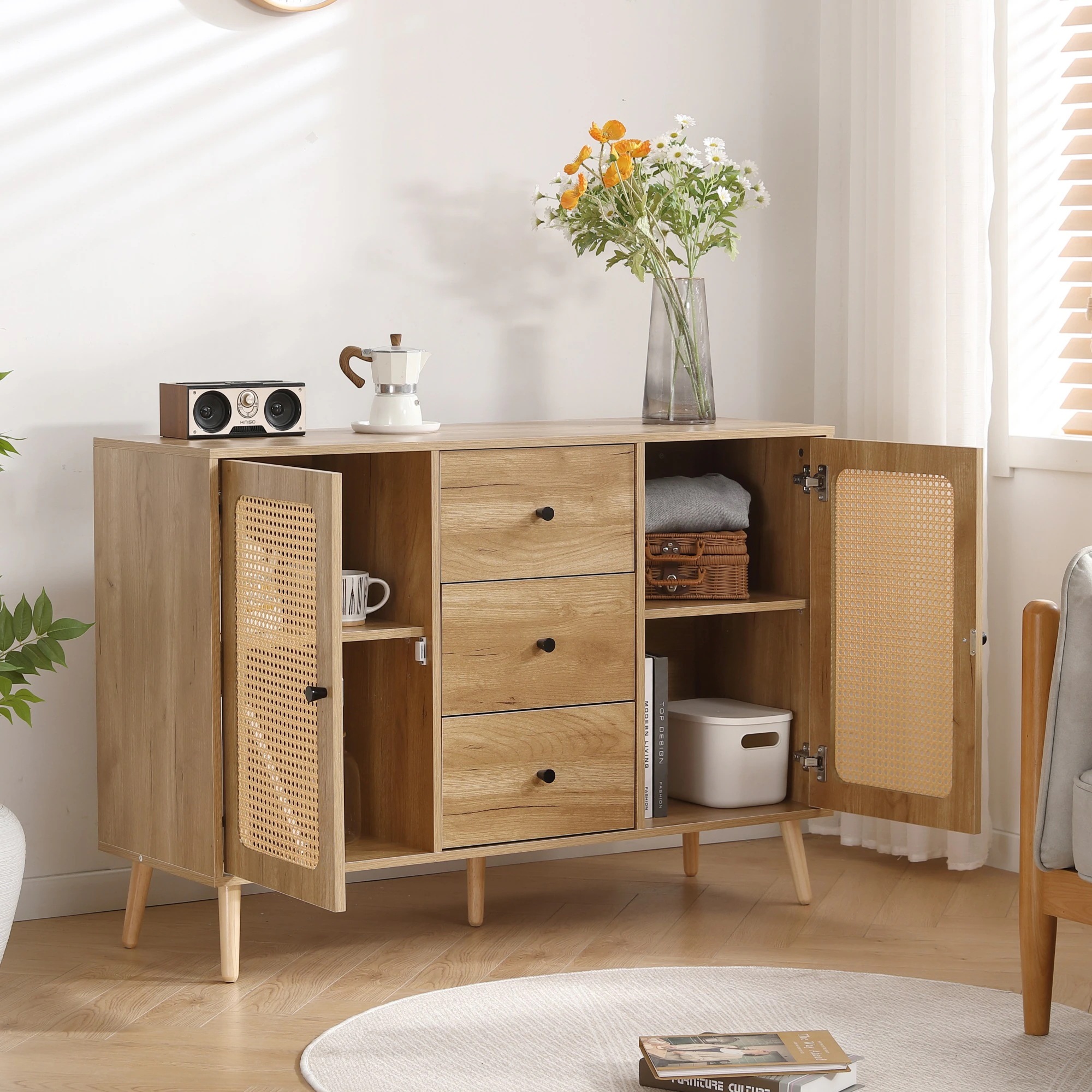 222キャビネット サイドボード チェストラタン調 ラタン風 引き出し付き 大容量 収納棚 リビング 収納 ローボード 収納チェスト2段 サイドボード 扉付き リビングボード 洋服 タンス 収納 箪笥