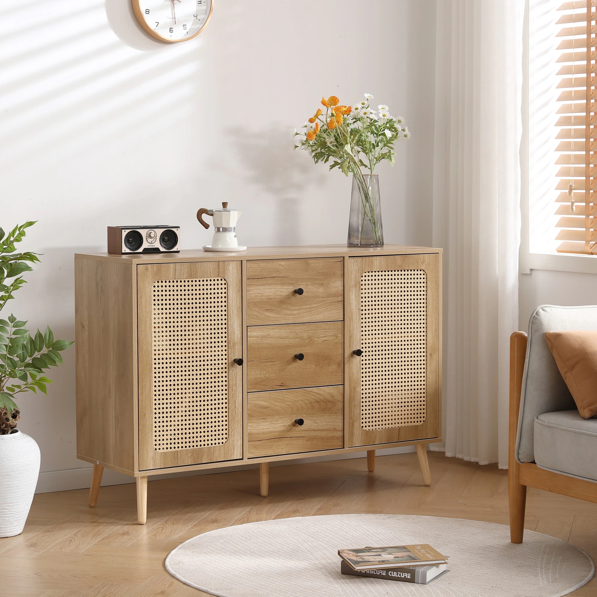 222キャビネット サイドボード チェストラタン調 ラタン風 引き出し付き 大容量 収納棚 リビング 収納 ローボード 収納チェスト2段 サイドボード 扉付き リビングボード 洋服 タンス 収納 箪笥