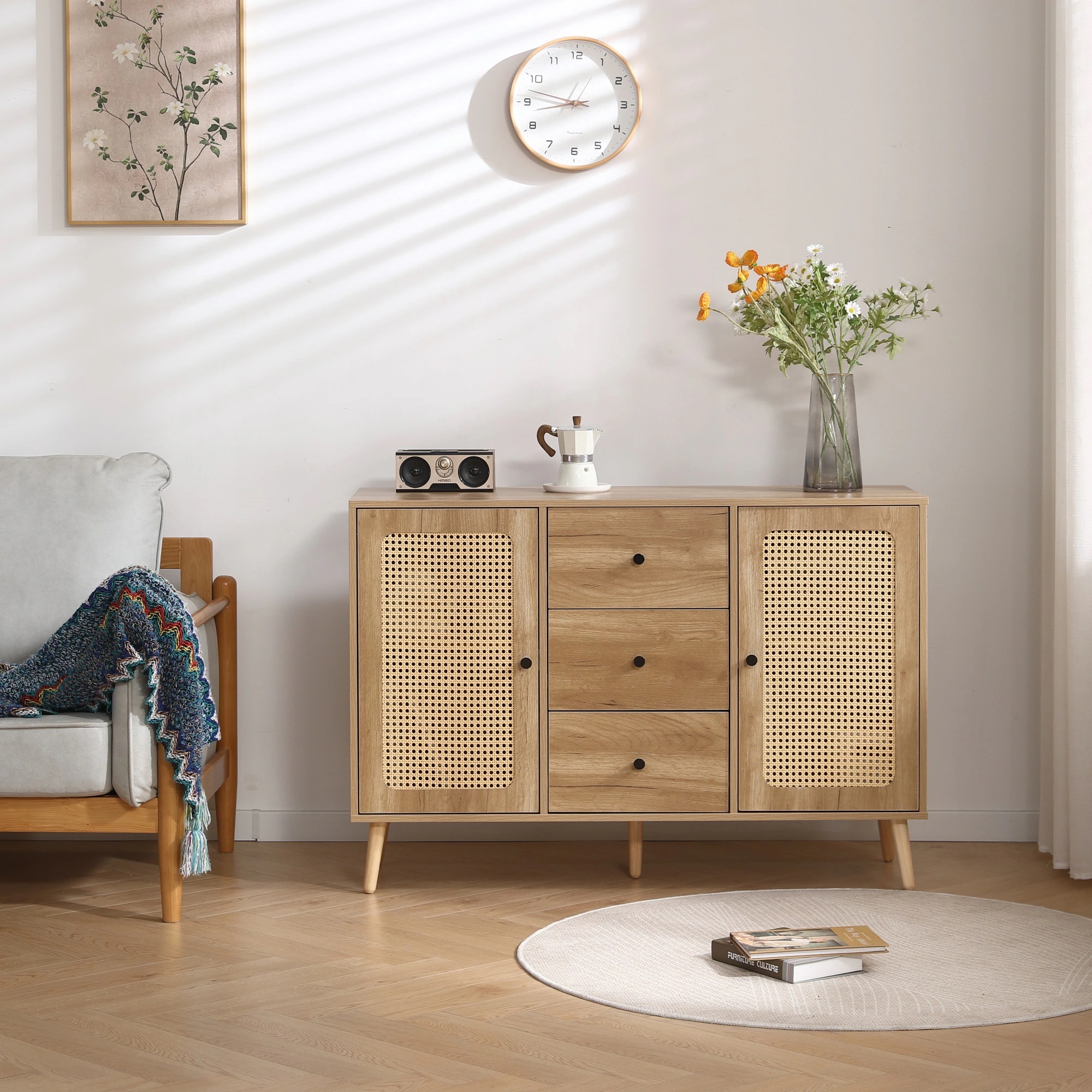 222キャビネット サイドボード チェストラタン調 ラタン風 引き出し付き 大容量 収納棚 リビング 収納 ローボード 収納チェスト2段 サイドボード 扉付き リビングボード 洋服 タンス 収納 箪笥