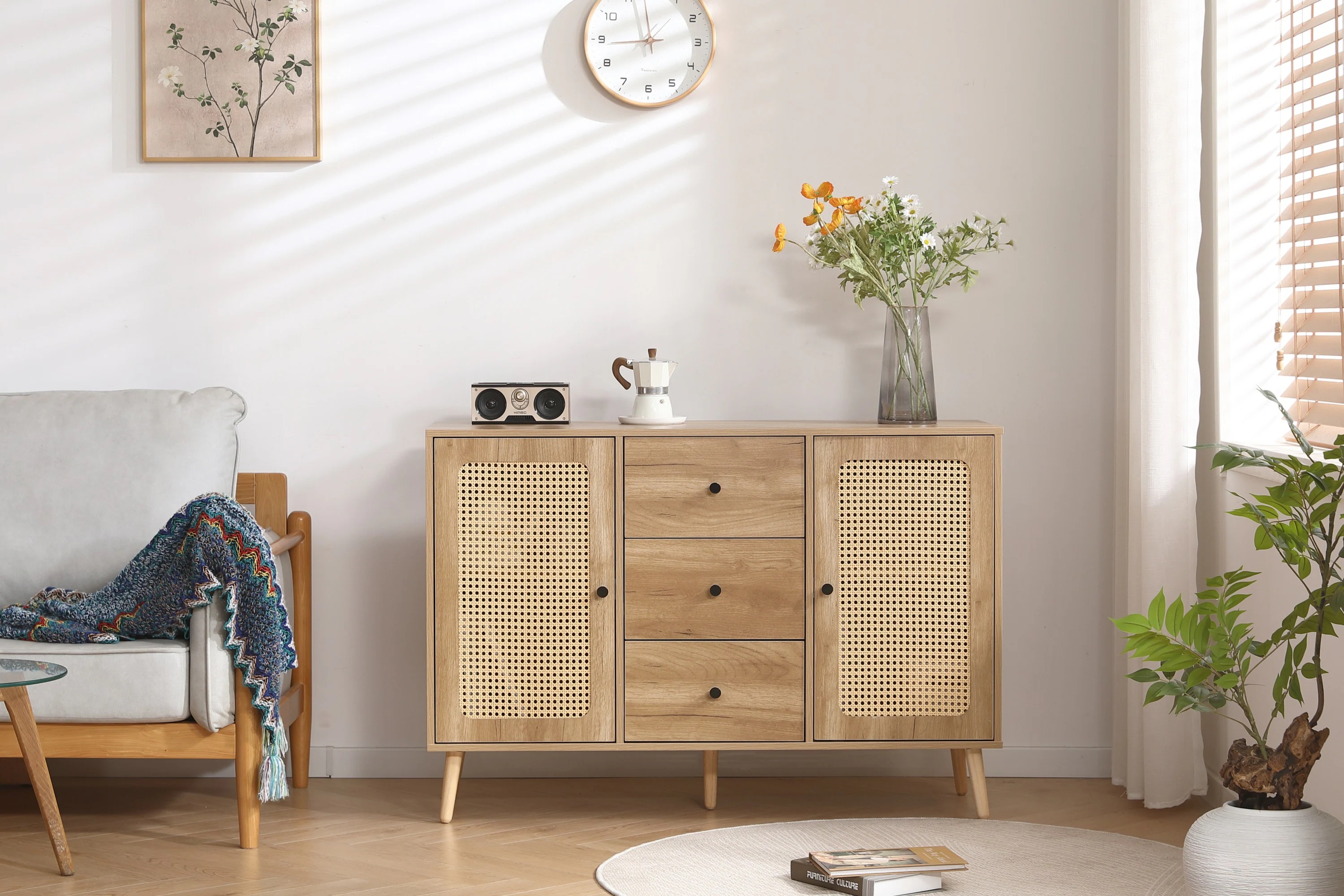 222キャビネット サイドボード チェストラタン調 ラタン風 引き出し付き 大容量 収納棚 リビング 収納 ローボード 収納チェスト2段 サイドボード 扉付き リビングボード 洋服 タンス 収納 箪笥