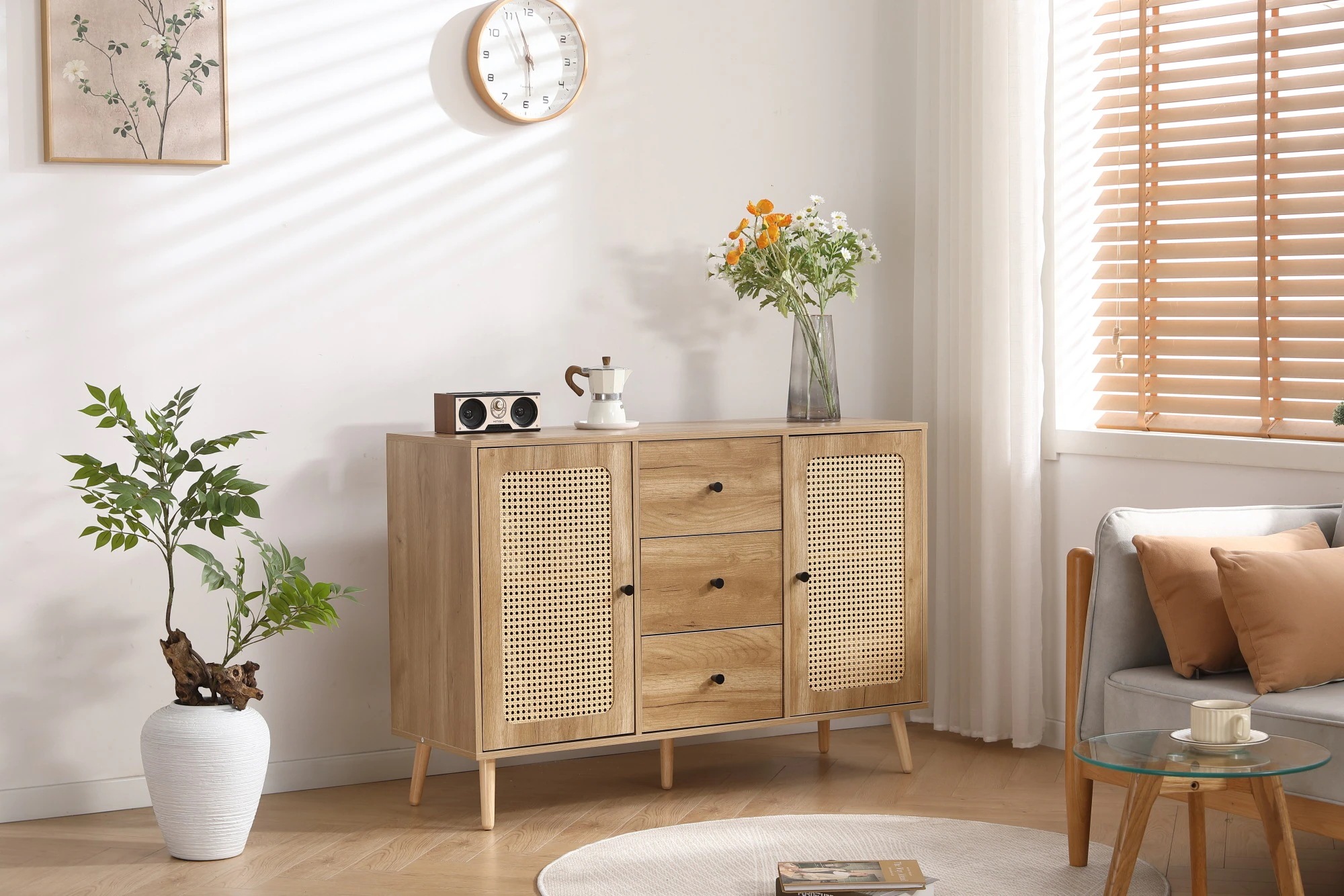 222キャビネット サイドボード チェストラタン調 ラタン風 引き出し付き 大容量 収納棚 リビング 収納 ローボード 収納チェスト2段 サイドボード 扉付き リビングボード 洋服 タンス 収納 箪笥