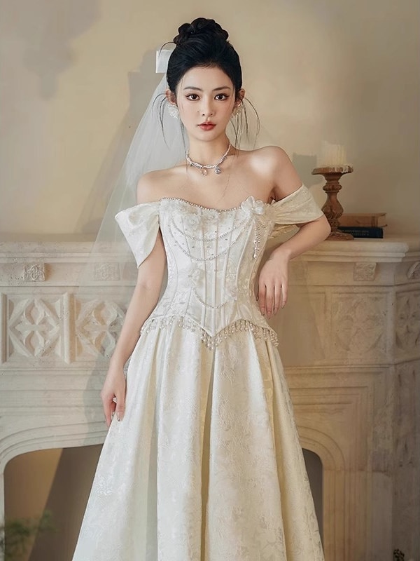 トーストドレス花嫁登録証明書ワンショルダーの婚約披露宴イブニングドレス女性用モーニングガウン