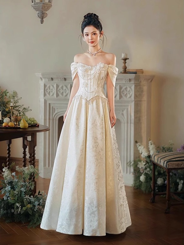 トーストドレス花嫁登録証明書ワンショルダーの婚約披露宴イブニングドレス女性用モーニングガウン