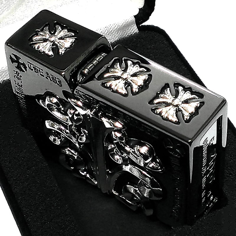 ZIPPO ライター メタルジャケット 超重厚 ブラックニッケル クロス ゴールド 黒銀 シルバー 大型3面メタル ジッポ ギフト 5面加工 彫刻デザイン メンズ 高級 アクセサリー 十字架