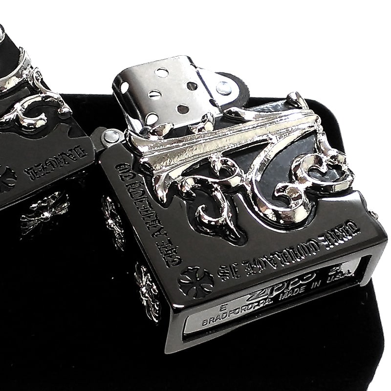 ZIPPO ライター メタルジャケット 超重厚 ブラックニッケル クロス ゴールド 黒銀 シルバー 大型3面メタル ジッポ ギフト 5面加工 彫刻デザイン メンズ 高級 アクセサリー 十字架