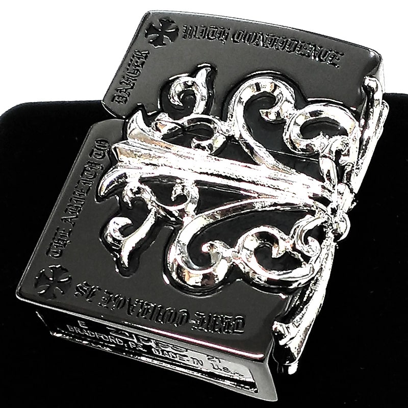 ZIPPO ライター メタルジャケット 超重厚 ブラックニッケル クロス ゴールド 黒銀 シルバー 大型3面メタル ジッポ ギフト 5面加工 彫刻デザイン メンズ 高級 アクセサリー 十字架