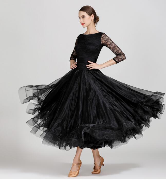 最終値下げ社交ダンス ワルツ 女性衣装 レディースドレス レディースワンピース モダンダンス スタンダードドレス 3color ブルー ブラック レッド 無地 おしゃれ 大きい裾 競技 試合 練習 ダ