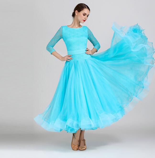 最終値下げ社交ダンス ワルツ 女性衣装 レディースドレス レディースワンピース モダンダンス スタンダードドレス 3color ブルー ブラック レッド 無地 おしゃれ 大きい裾 競技 試合 練習 ダ