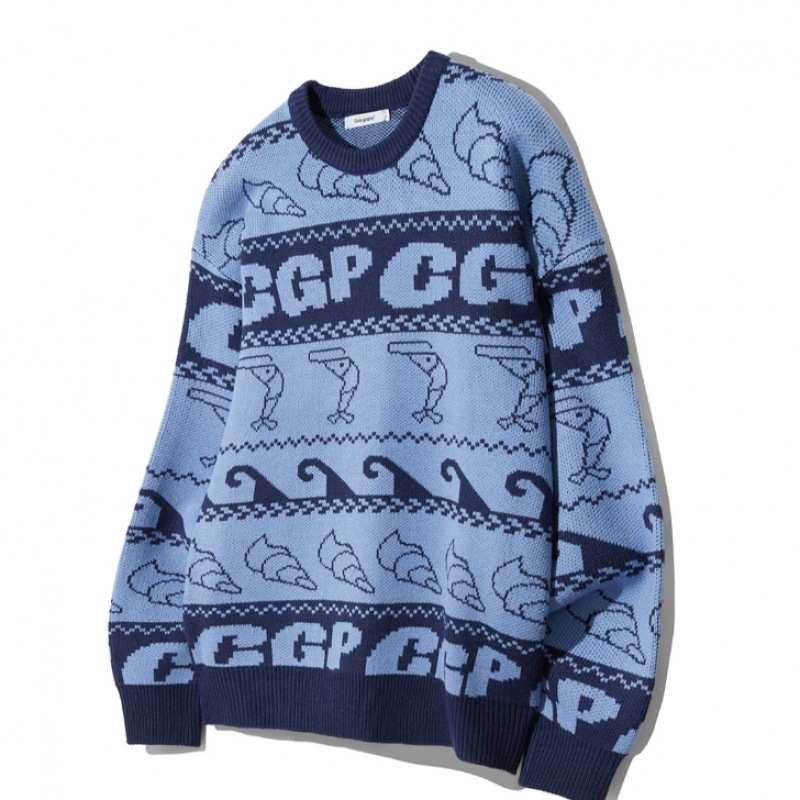 CODEGY (レディース) マリンジャカードオーバーフィットニット_ブルー CODEGY (レディース) マリンジャカードオーバーフィットニット_ブルー