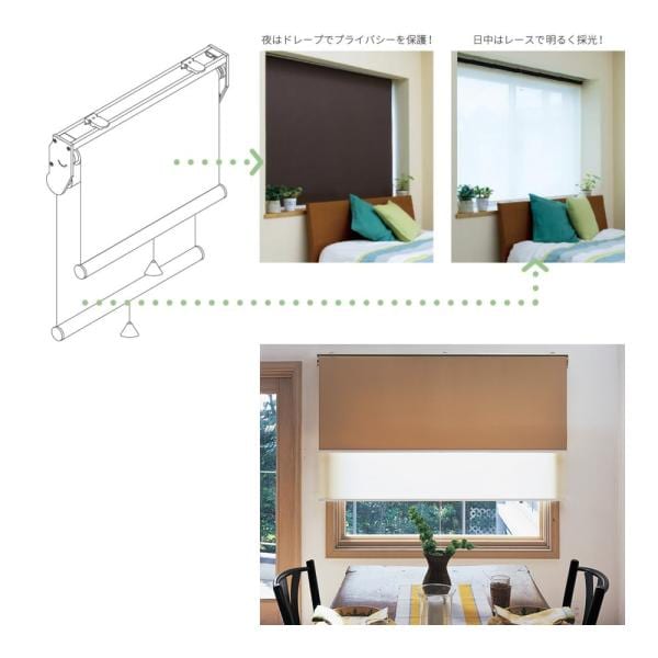 ダブルロールスクリーン おしゃれ コンパクト 省スペース DIY 立川機工 日本製 防炎 シースルー レース 生地 W ロールスクリーン タチカワブラインドグループ