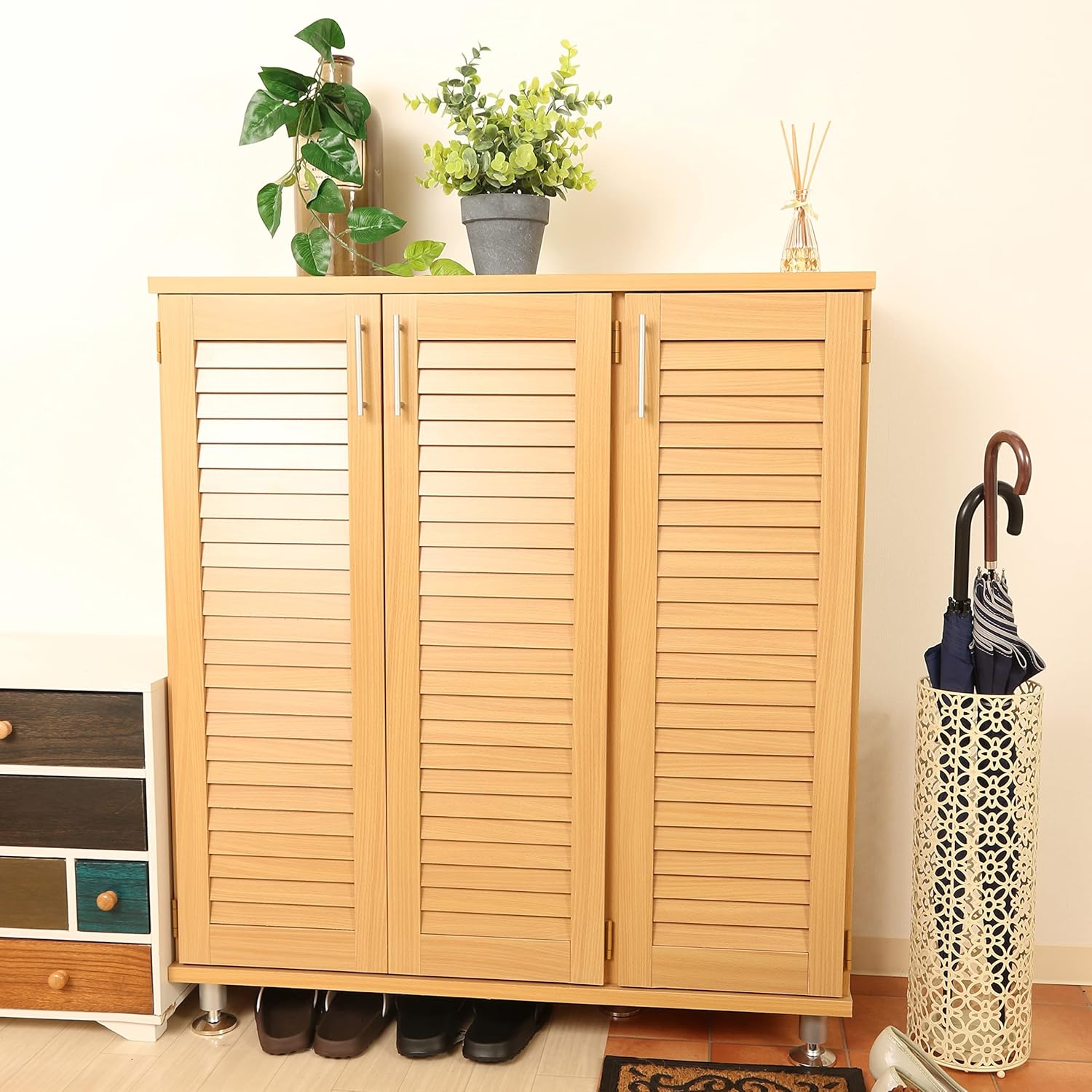 玄関 ルーバーシューズボックス 幅90cm ワイド ナチュラル 96564 玄関 ルーバーシューズボックス 幅90cm ワイド ナチュラル 96564