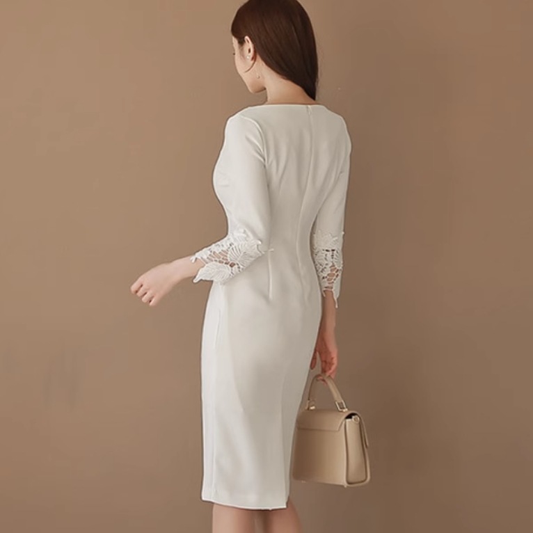 ドレス ワンピース ウェディング パーティー 結婚式 二次会 披露宴 演奏会 発表会 ステージ 膝下 ミモレ 7分袖 ラウンドネック 襟なし スレンダー タイト スリム 細身 Iライン スリット ドレス ワンピース ウェディング パーティー 結婚式 二次会 披露宴 演奏会 発表会 ステージ 膝下 ミモレ 7分袖 ラウンドネック 襟なし スレンダー タイト スリム 細身 Iライン スリット