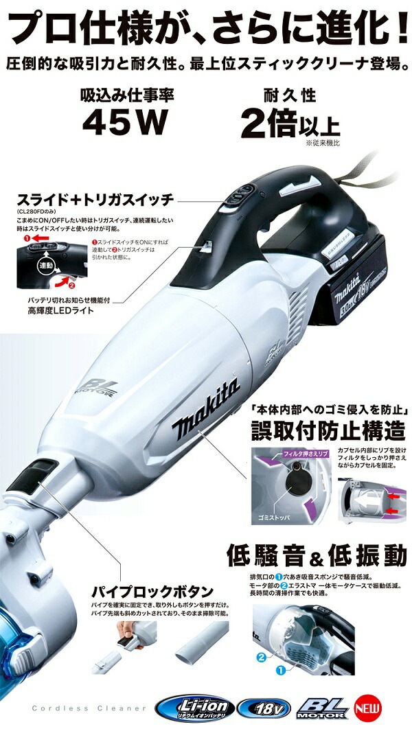 当店だけ!バッテリー充電器も1年保証! マキタ 18V コードレス 掃除機 カプセル式 CL280FDZW + バッテリー + ロック付サイクロン + 急速充電器 + 純正アタッチメント + 消耗品 当店だけ!バッテリー充電器も1年保証! マキタ 18V コードレス 掃除機 カプセル式 CL280FDZW + バッテリー + ロック付サイクロン + 急速充電器 + 純正アタッチメント + 消耗品