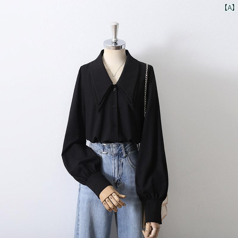 レディース シャツ ブラウス 長袖 春秋 二層のシャープなシャツ襟 ランタンスリーブ 黒 フレンチ シングルブレスト クール スタイリッシュ ヴィンテージ感 エレガント 上品 フェミニン シック レディース シャツ ブラウス 長袖 春秋 二層のシャープなシャツ襟 ランタンスリーブ 黒 フレンチ シングルブレスト クール スタイリッシュ ヴィンテージ感 エレガント 上品 フェミニン シック