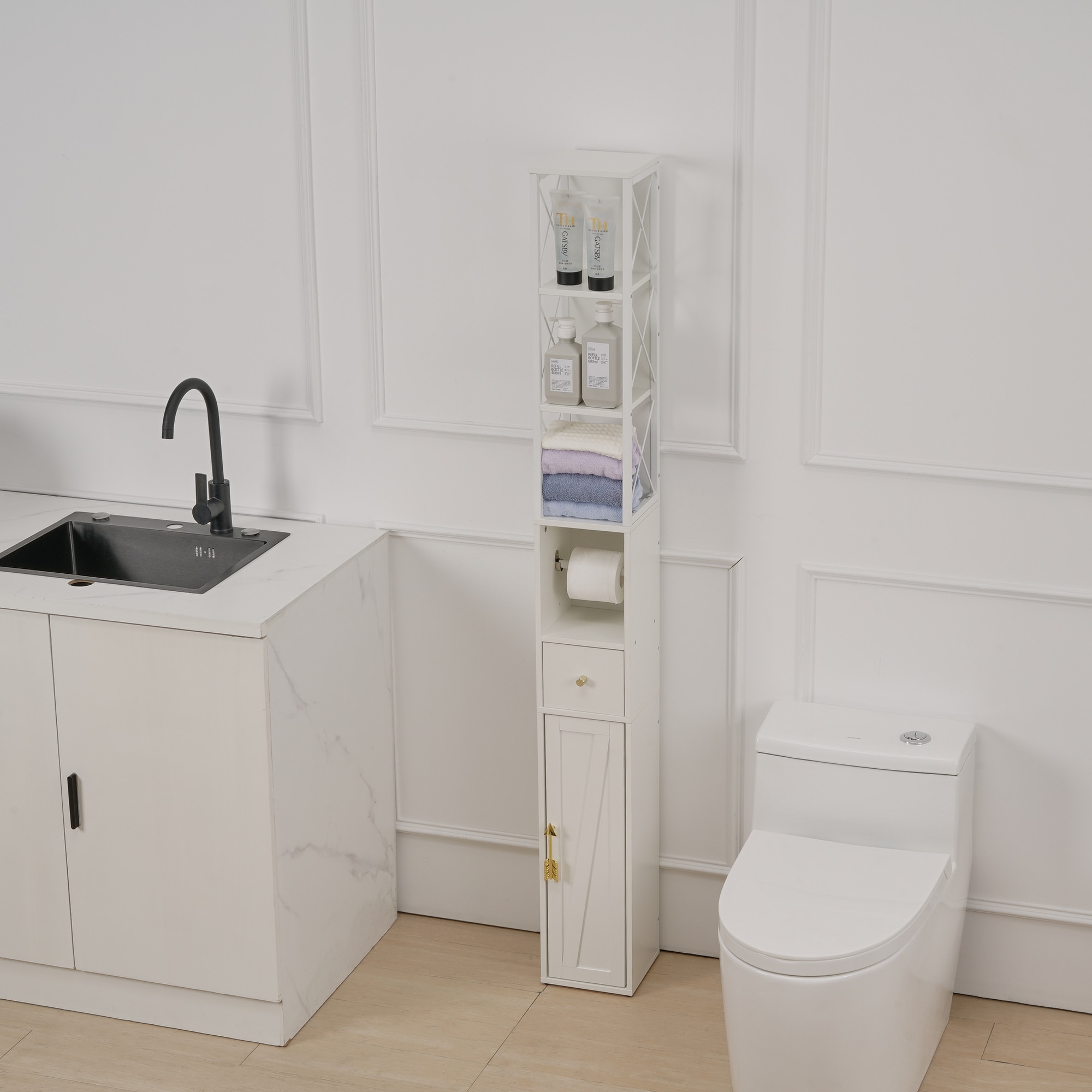 トイレ収納 スリム トイレ収納ラック 奥行20cm 扉付き 引き出し付き 防水 防湿 取っ手付き 組立簡単 トイレ収納棚 省スペース 小物置き 隙間収納 コンパクト 目隠し