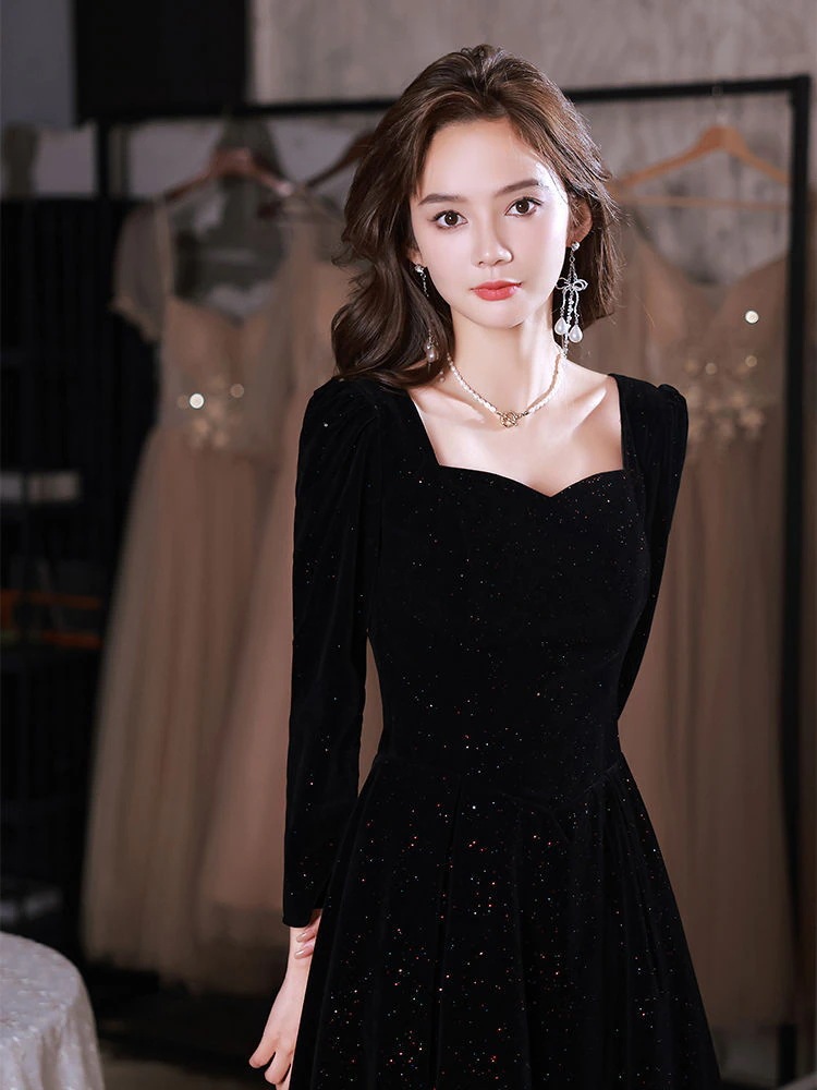ドレス 女性のためのフランスのイブニングドレス 新しい芸術試験黒ベルベット長袖ドレス年次総会ホストドレス
