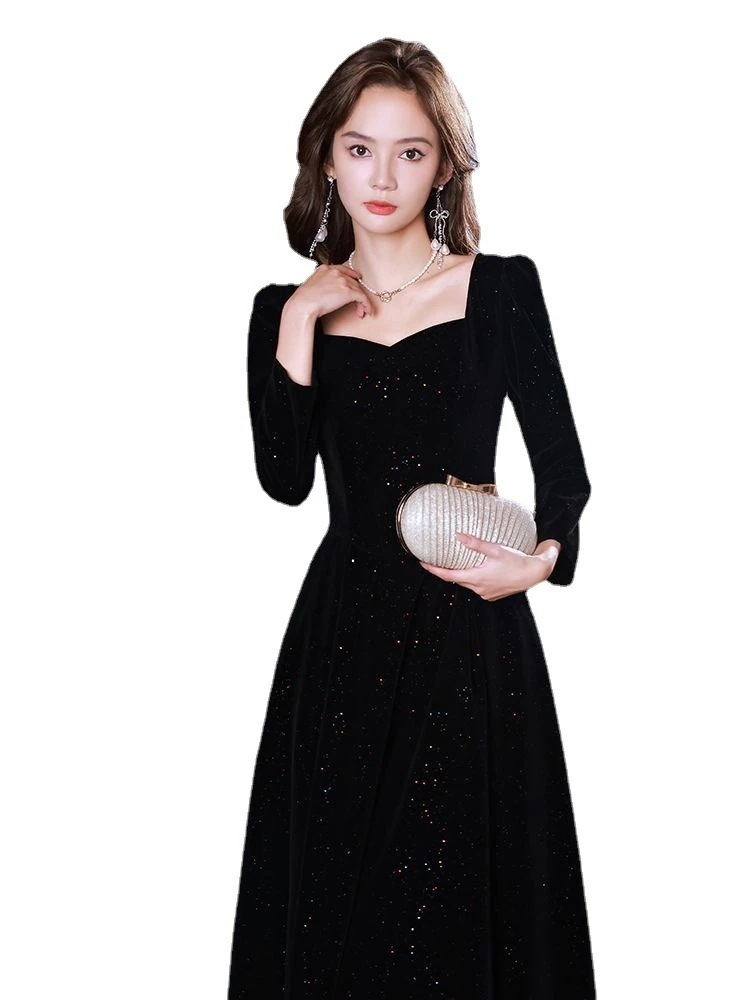 ドレス 女性のためのフランスのイブニングドレス 新しい芸術試験黒ベルベット長袖ドレス年次総会ホストドレス