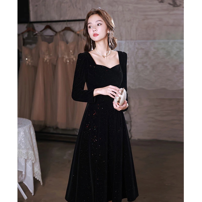 ドレス 女性のためのフランスのイブニングドレス 新しい芸術試験黒ベルベット長袖ドレス年次総会ホストドレス