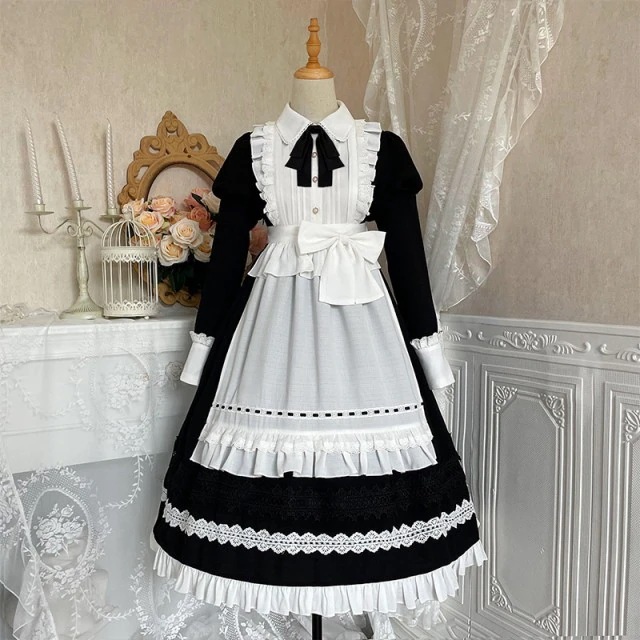 【3日で出荷し】ロリータ メイド 3点セット 長袖 コスプレ ワンピース エプロン ゴシック 可愛い エレガント