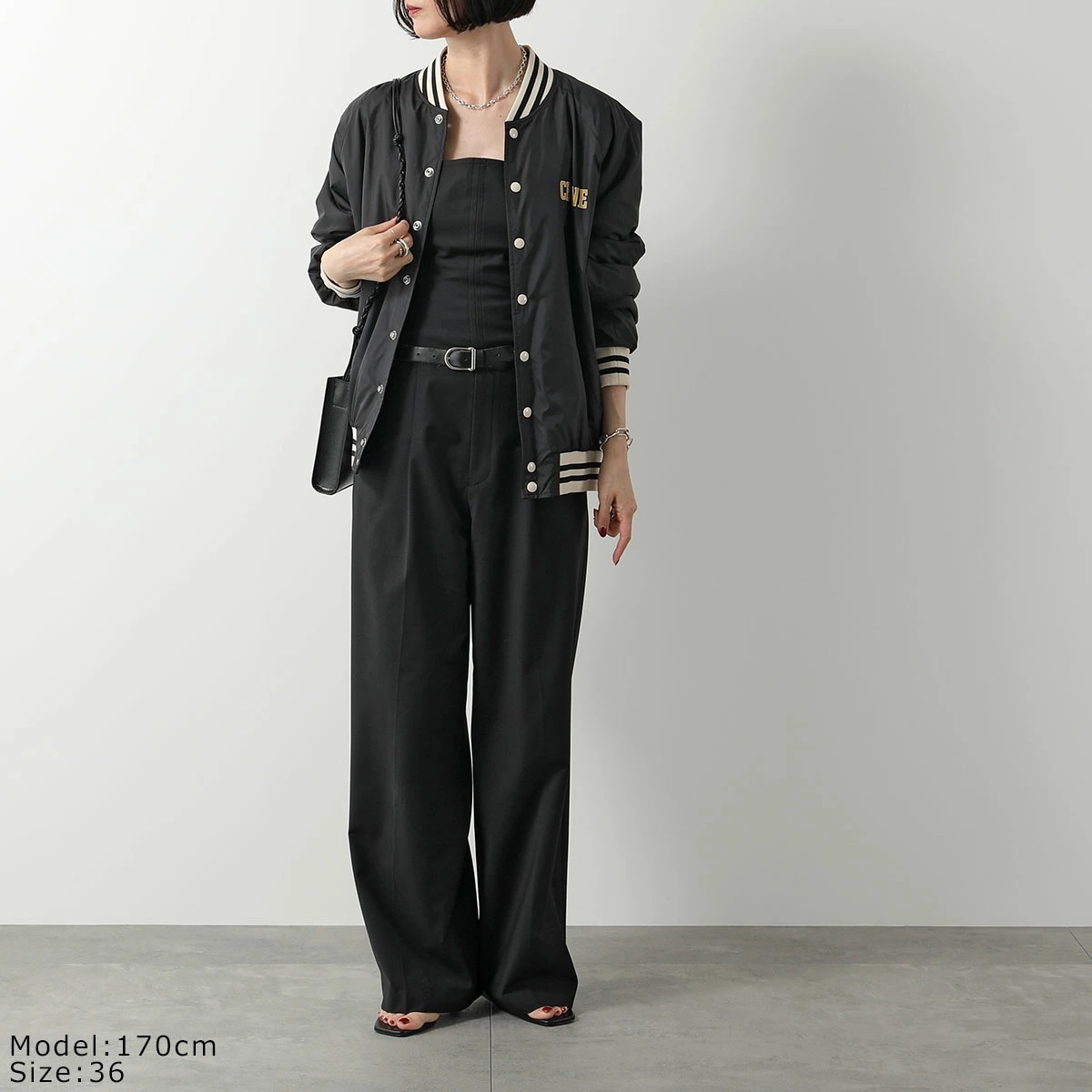 CELINE セリーヌ ジャケット 2W19B905V.38NO レディース テディジャケット ロゴ ナイロン 長袖 ブルゾン スタジアムジャンパー ブラック