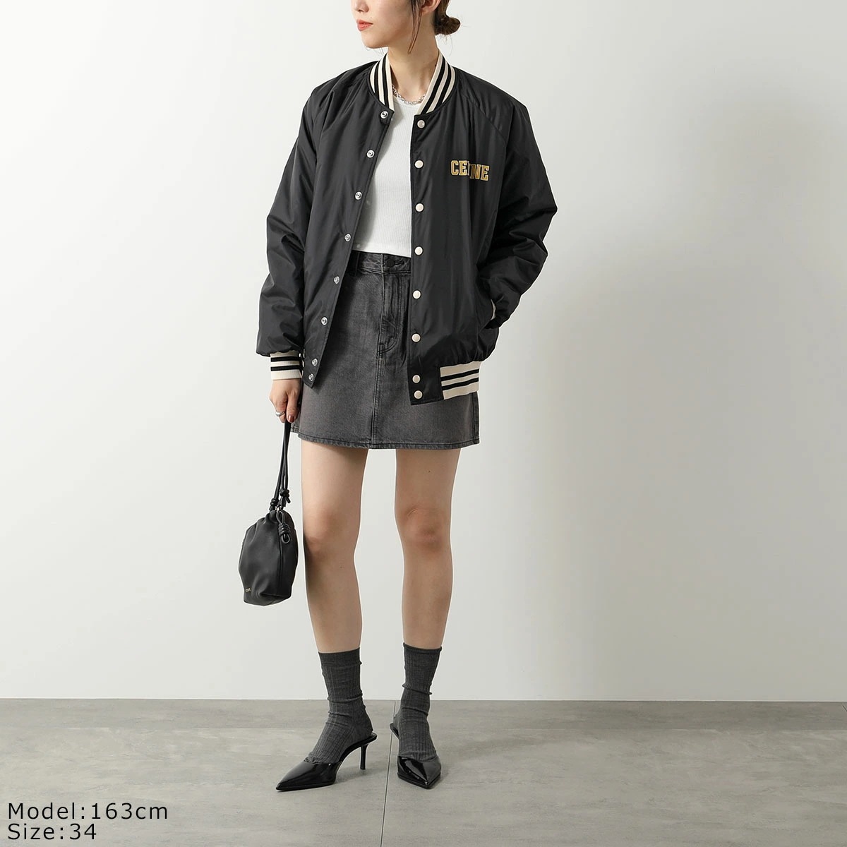 CELINE セリーヌ ジャケット 2W19B905V.38NO レディース テディジャケット ロゴ ナイロン 長袖 ブルゾン スタジアムジャンパー ブラック