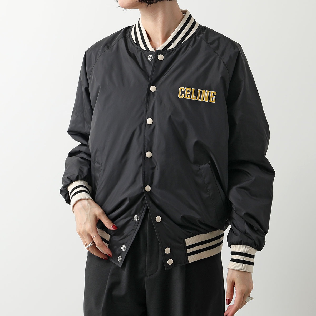CELINE セリーヌ ジャケット 2W19B905V.38NO レディース テディジャケット ロゴ ナイロン 長袖 ブルゾン スタジアムジャンパー ブラック