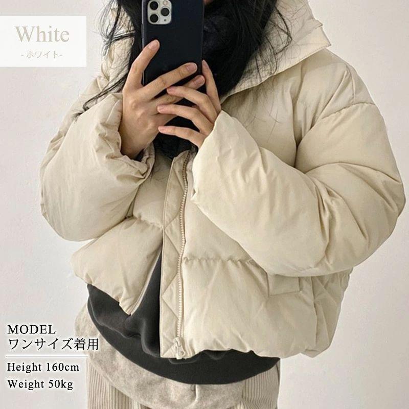 ダウンジャケット レディース きれいめ 可愛い ショート フェイク アウター コート 上着 冬 防寒 防風 厚手 長袖 白 無地 ハイネック ポケット ドロップショルダ