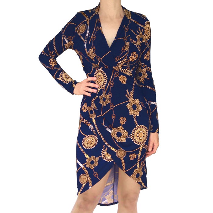 ワンピース 膝丈 長袖 Vネック LAインポート チェーン柄 タイト レイヤード ラップ 40代 50代 60代 S.M.L ダークネイビーブルー FROM USA UA231016LA001