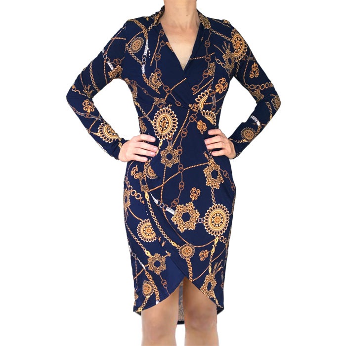 ワンピース 膝丈 長袖 Vネック LAインポート チェーン柄 タイト レイヤード ラップ 40代 50代 60代 S.M.L ダークネイビーブルー FROM USA UA231016LA001