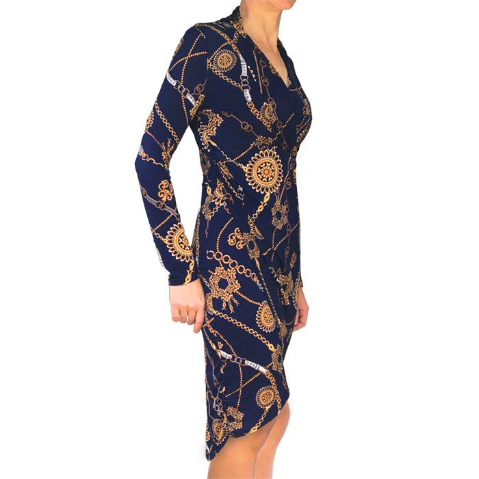 ワンピース 膝丈 長袖 Vネック LAインポート チェーン柄 タイト レイヤード ラップ 40代 50代 60代 S.M.L ダークネイビーブルー FROM USA UA231016LA001