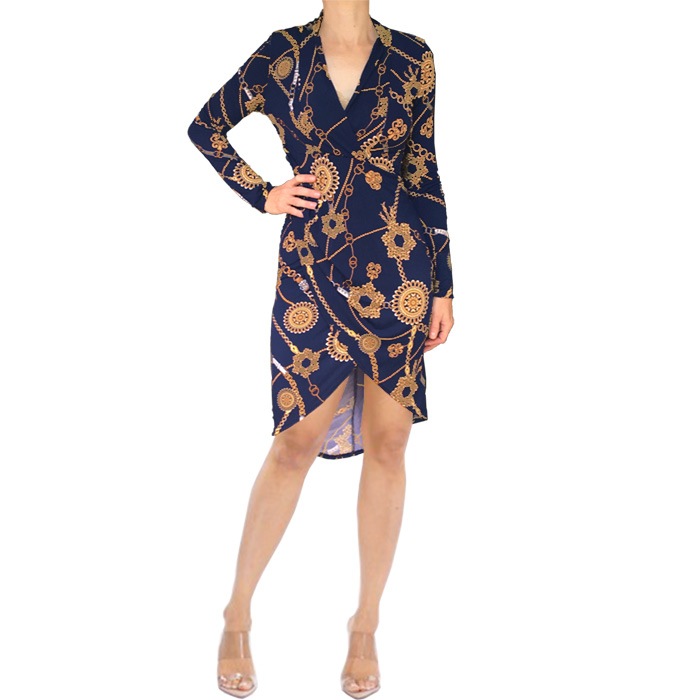 ワンピース 膝丈 長袖 Vネック LAインポート チェーン柄 タイト レイヤード ラップ 40代 50代 60代 S.M.L ダークネイビーブルー FROM USA UA231016LA001