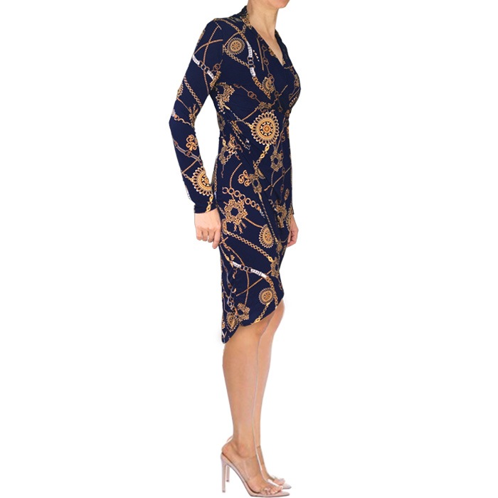 ワンピース 膝丈 長袖 Vネック LAインポート チェーン柄 タイト レイヤード ラップ 40代 50代 60代 S.M.L ダークネイビーブルー FROM USA UA231016LA001