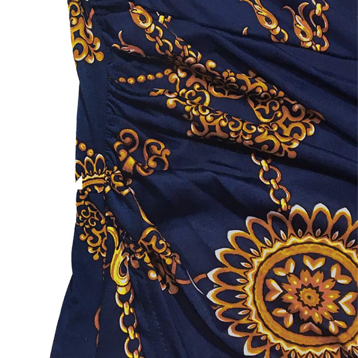 ワンピース 膝丈 長袖 Vネック LAインポート チェーン柄 タイト レイヤード ラップ 40代 50代 60代 S.M.L ダークネイビーブルー FROM USA UA231016LA001