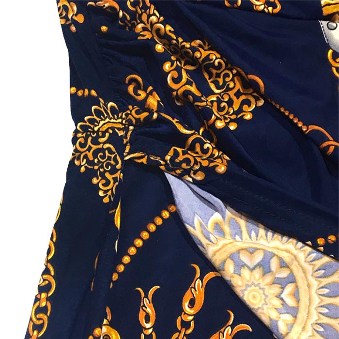 ワンピース 膝丈 長袖 Vネック LAインポート チェーン柄 タイト レイヤード ラップ 40代 50代 60代 S.M.L ダークネイビーブルー FROM USA UA231016LA001