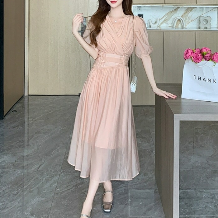 ワンピース ドレス 袖あり レディース エレガント きれいめ カジュアル ミモレ丈 ロングワンピ 大人 可愛い 五分袖 フェミニン カシュクール Vネック パーティー フォーマル セレモニー 二次会