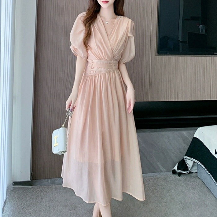ワンピース ドレス 袖あり レディース エレガント きれいめ カジュアル ミモレ丈 ロングワンピ 大人 可愛い 五分袖 フェミニン カシュクール Vネック パーティー フォーマル セレモニー 二次会