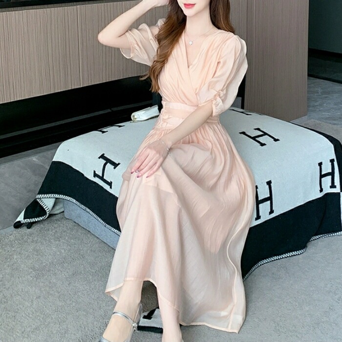 ワンピース ドレス 袖あり レディース エレガント きれいめ カジュアル ミモレ丈 ロングワンピ 大人 可愛い 五分袖 フェミニン カシュクール Vネック パーティー フォーマル セレモニー 二次会