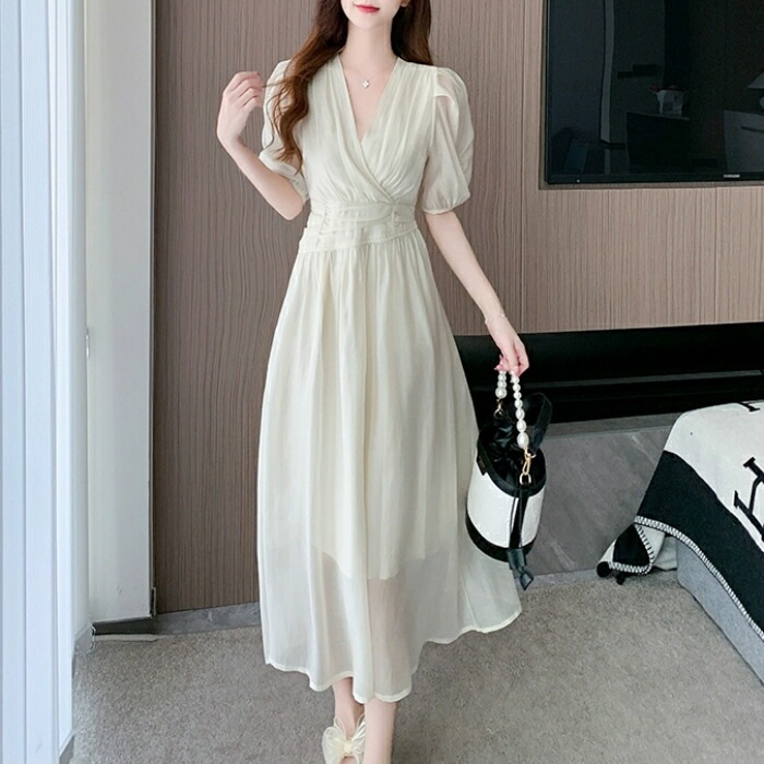 ワンピース ドレス 袖あり レディース エレガント きれいめ カジュアル ミモレ丈 ロングワンピ 大人 可愛い 五分袖 フェミニン カシュクール Vネック パーティー フォーマル セレモニー 二次会
