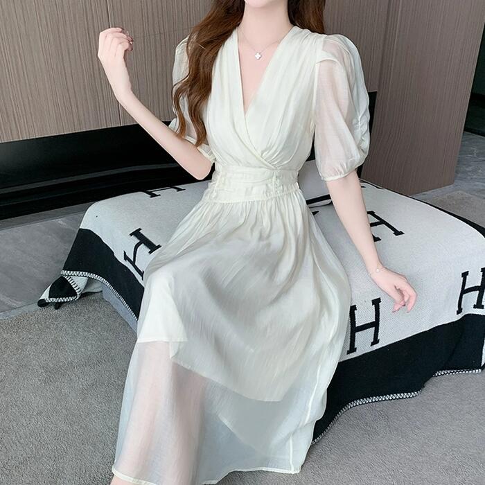 ワンピース ドレス 袖あり レディース エレガント きれいめ カジュアル ミモレ丈 ロングワンピ 大人 可愛い 五分袖 フェミニン カシュクール Vネック パーティー フォーマル セレモニー 二次会