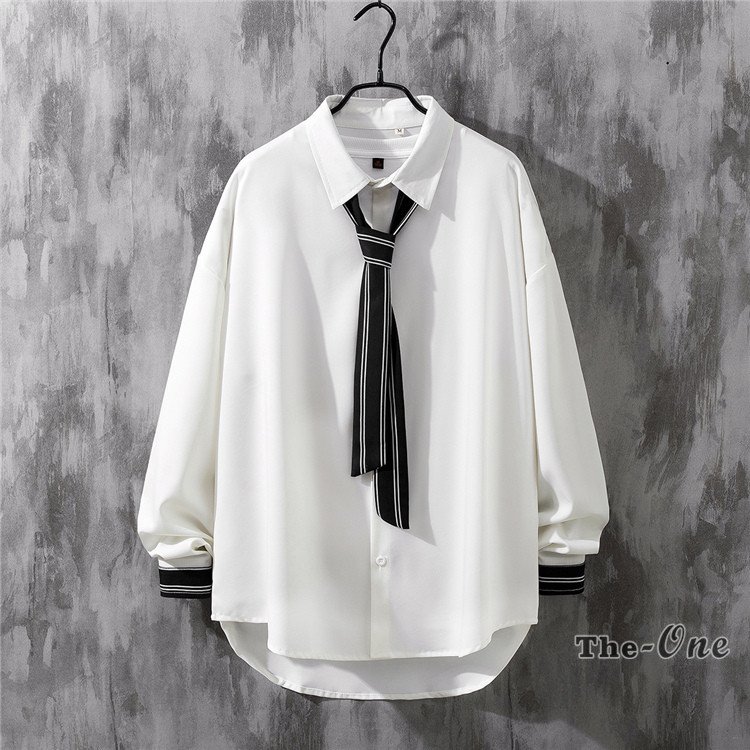 倉庫 長袖シャツメンズレディースカジュアルシャツネクタイ付きドロップショルダーおしゃれシャツ秋服