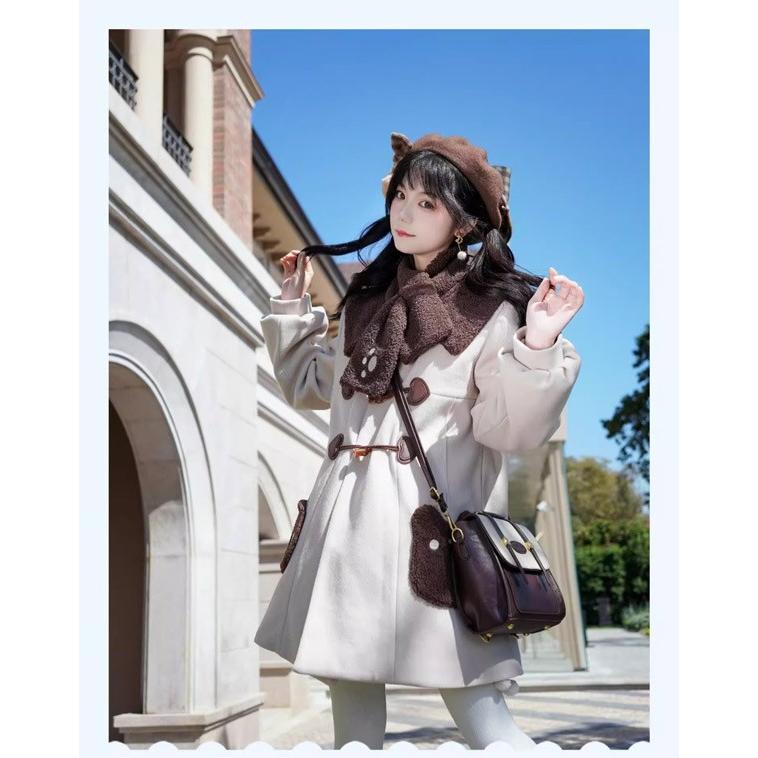 即納 ダッフルコート クマ柄 もこもこ ステンカラーコート ロリータ 冬服 レディース ジャケット ショートコート コート ロリータコート 学生 通学 通勤 着痩せ_2