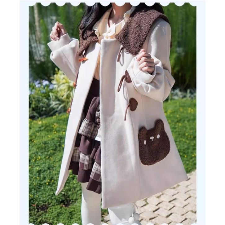 即納 ダッフルコート クマ柄 もこもこ ステンカラーコート ロリータ 冬服 レディース ジャケット ショートコート コート ロリータコート 学生 通学 通勤 着痩せ_3