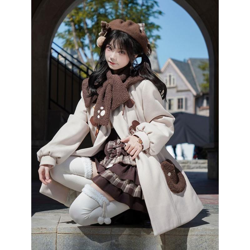 即納 ダッフルコート クマ柄 もこもこ ステンカラーコート ロリータ 冬服 レディース ジャケット ショートコート コート ロリータコート 学生 通学 通勤 着痩せ_5