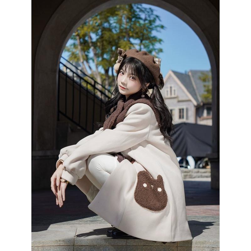 即納 ダッフルコート クマ柄 もこもこ ステンカラーコート ロリータ 冬服 レディース ジャケット ショートコート コート ロリータコート 学生 通学 通勤 着痩せ_6
