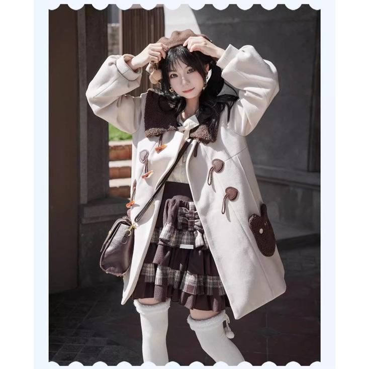 即納 ダッフルコート クマ柄 もこもこ ステンカラーコート ロリータ 冬服 レディース ジャケット ショートコート コート ロリータコート 学生 通学 通勤 着痩せ_8
